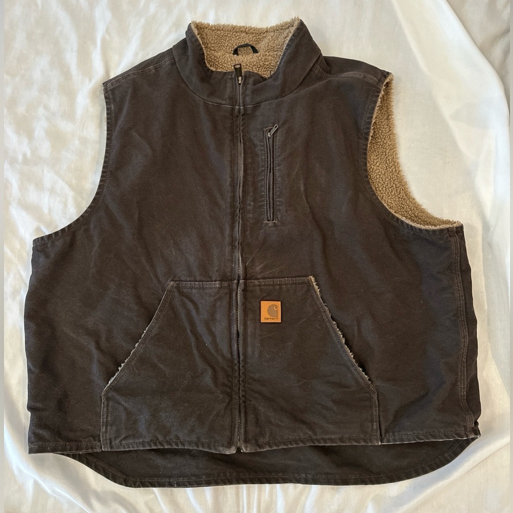 Men's Carhartt Loose Fit Duck Sherpa Lined Vest Zip Chest Pocket Dark Brown 2XL